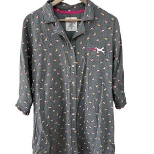 Olsenboye Nightshirt XL Gray Hummingbird Print Button Front Ruffle Sleep Dress